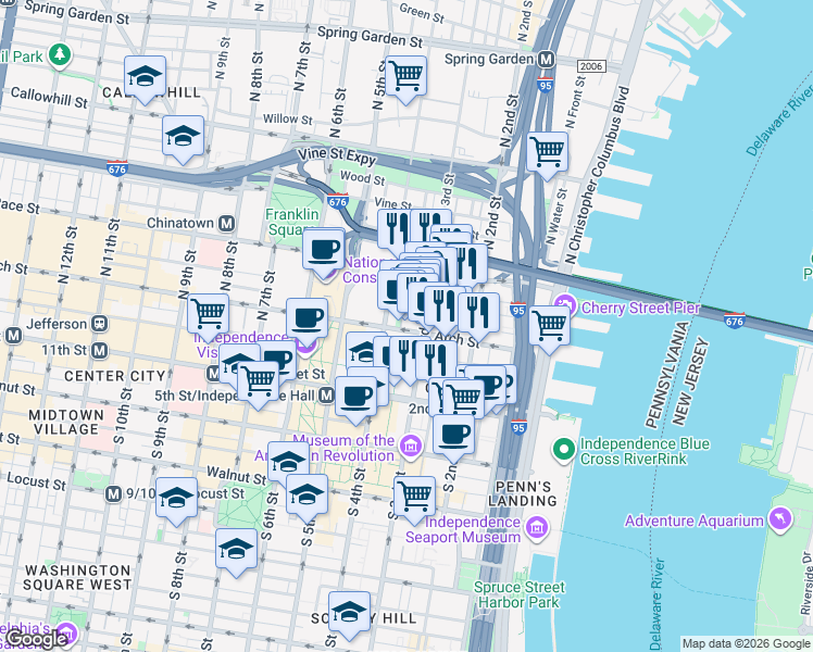 map of restaurants, bars, coffee shops, grocery stores, and more near in Philadelphia