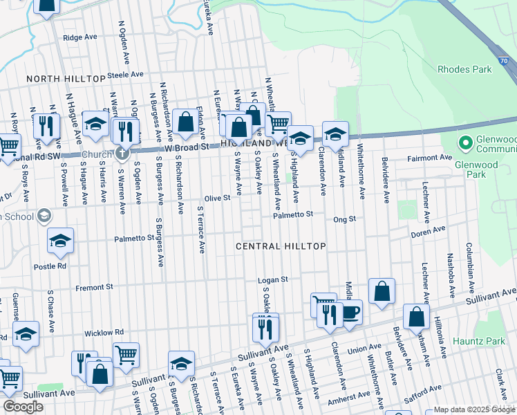 map of restaurants, bars, coffee shops, grocery stores, and more near 143 South Oakley Avenue in Columbus