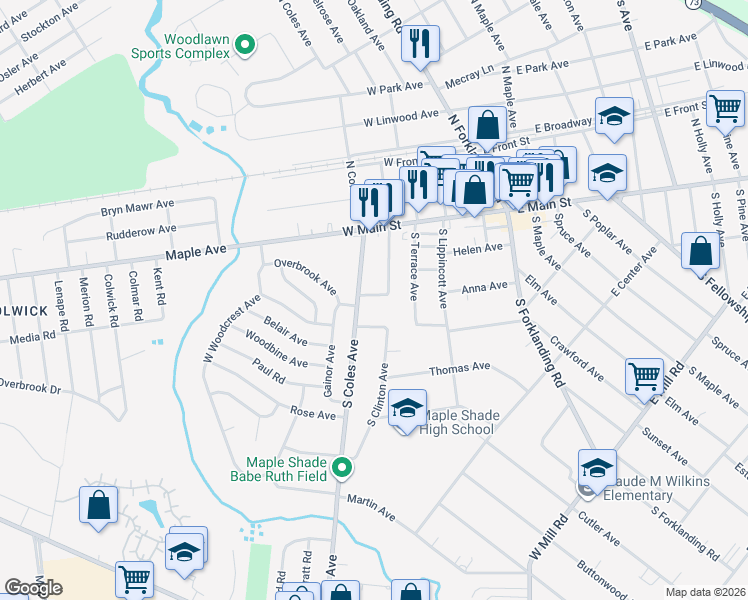 map of restaurants, bars, coffee shops, grocery stores, and more near 314 Anna Avenue in Maple Shade