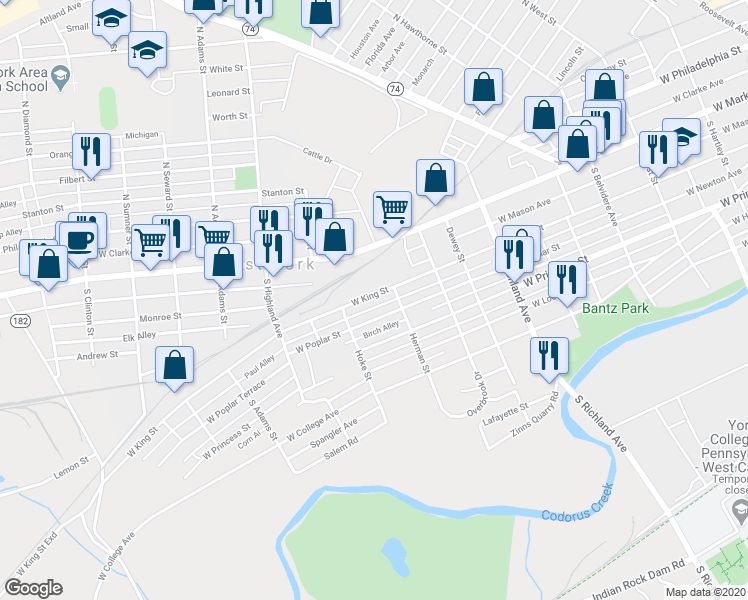 map of restaurants, bars, coffee shops, grocery stores, and more near 1264 West King Street in West York