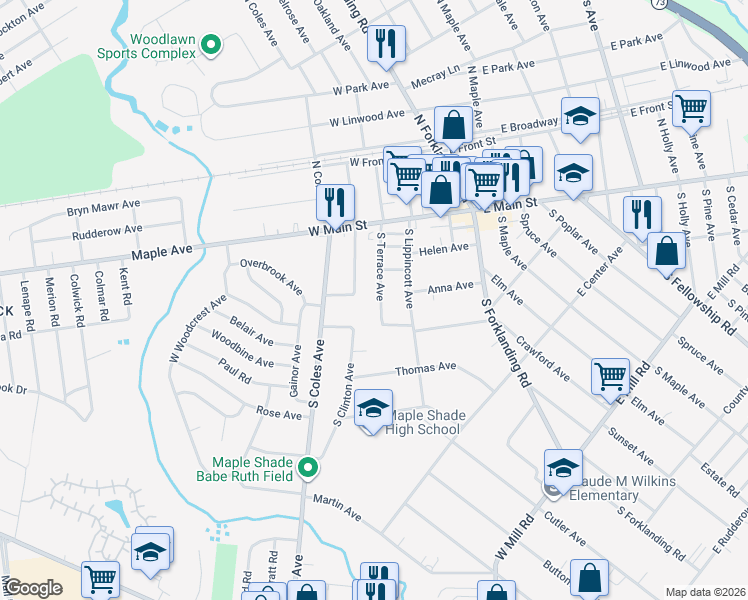 map of restaurants, bars, coffee shops, grocery stores, and more near 118 South Terrace Avenue in Maple Shade