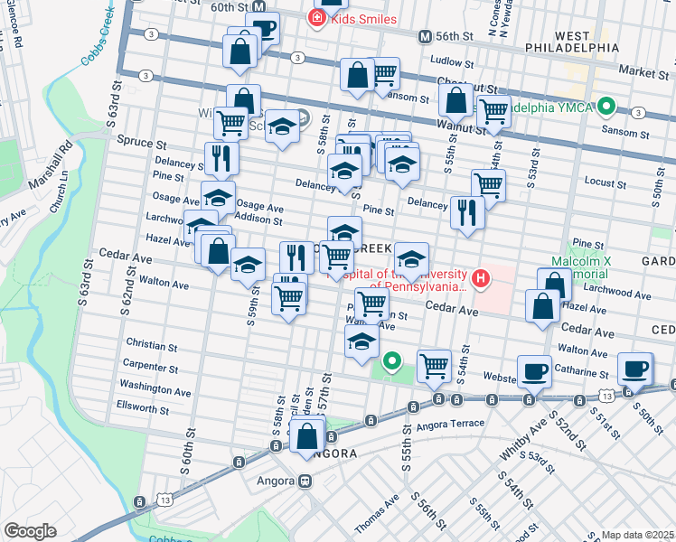 map of restaurants, bars, coffee shops, grocery stores, and more near 528 South 57th Street in Philadelphia