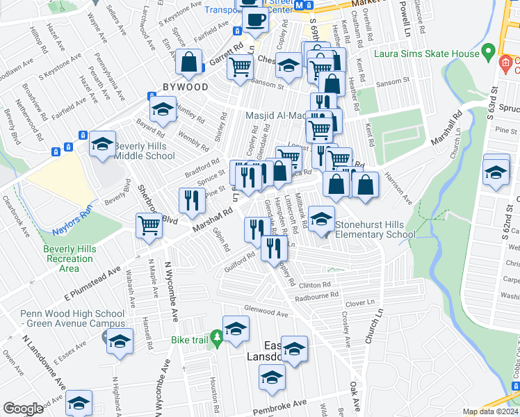 map of restaurants, bars, coffee shops, grocery stores, and more near 423 Copley Road in Upper Darby
