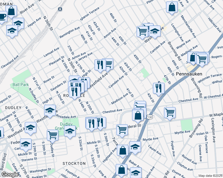map of restaurants, bars, coffee shops, grocery stores, and more near 2213 39th Street in Pennsauken Township