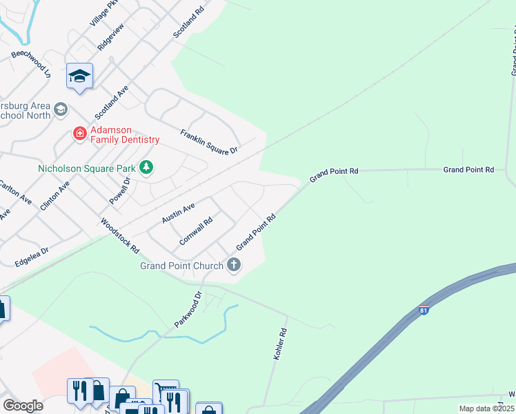 map of restaurants, bars, coffee shops, grocery stores, and more near 449 Winchester Drive in Chambersburg