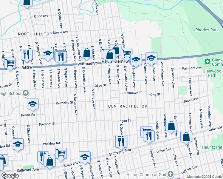map of restaurants, bars, coffee shops, grocery stores, and more near 142 South Wayne Avenue in Columbus