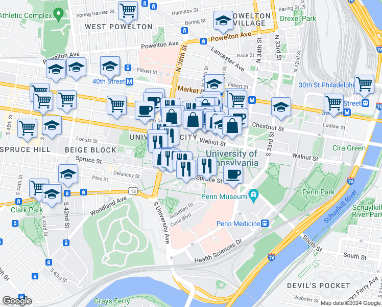 map of restaurants, bars, coffee shops, grocery stores, and more near 3641 Locust Walk in Philadelphia