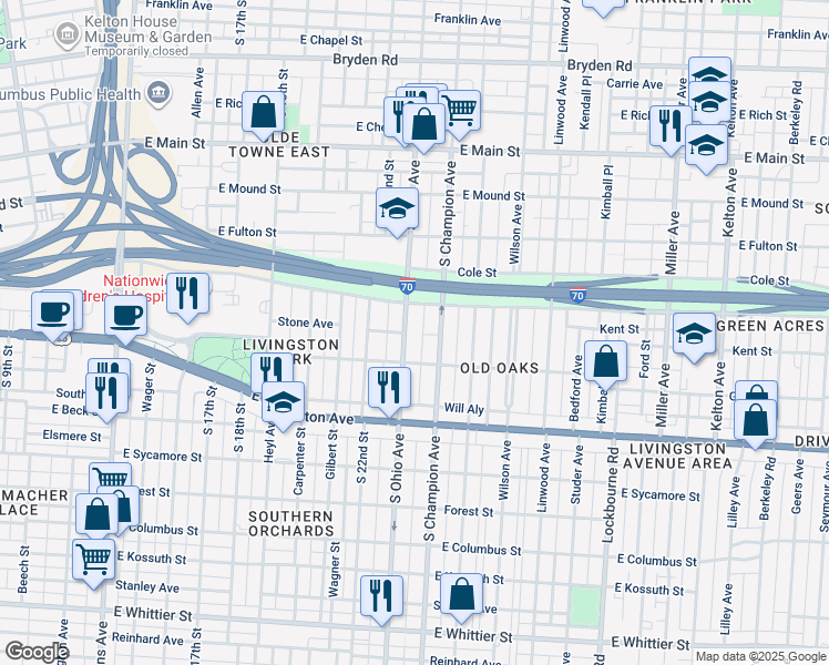 map of restaurants, bars, coffee shops, grocery stores, and more near 624 S Ohio Ave in Columbus