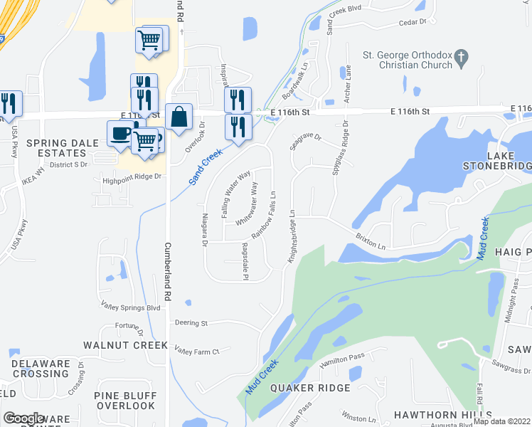 map of restaurants, bars, coffee shops, grocery stores, and more near 11292 Rainbow Falls Lane in Fishers