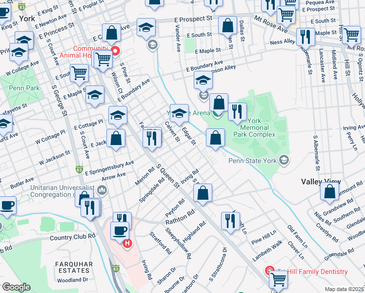 map of restaurants, bars, coffee shops, grocery stores, and more near 340 Rockdale Avenue in York