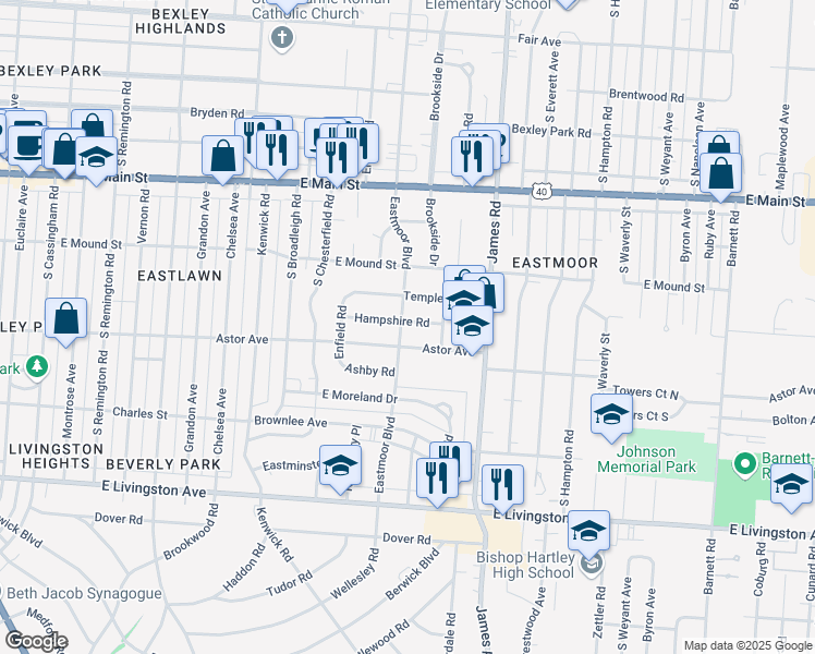 map of restaurants, bars, coffee shops, grocery stores, and more near 896 Eastmoor Boulevard in Columbus