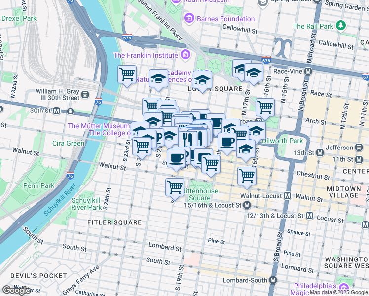 map of restaurants, bars, coffee shops, grocery stores, and more near 1916 Chestnut Street in Philadelphia