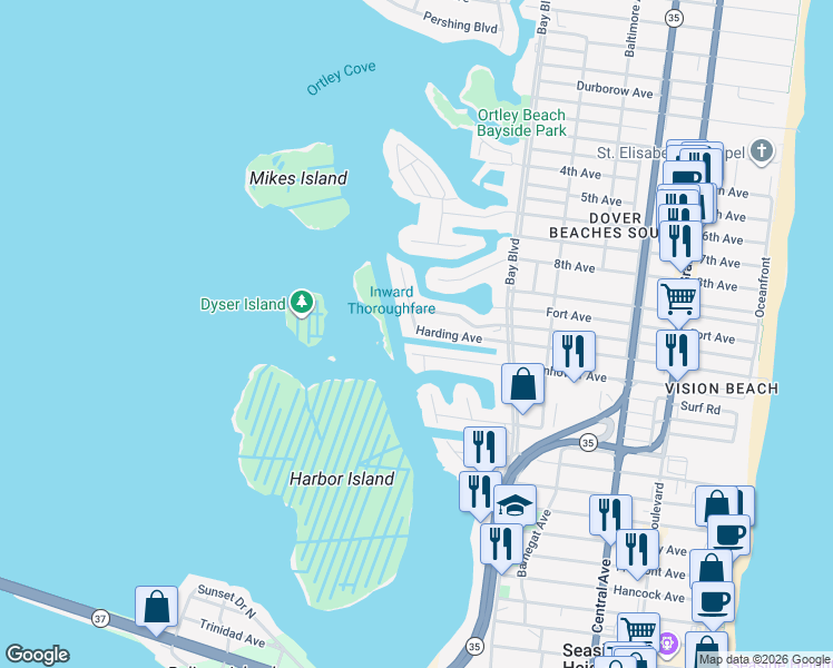 map of restaurants, bars, coffee shops, grocery stores, and more near 443 Harding Avenue in Seaside Heights