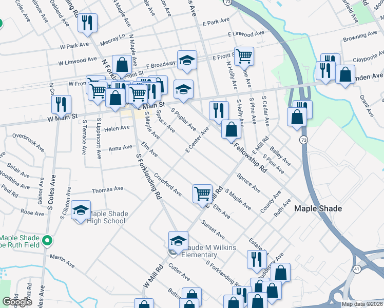 map of restaurants, bars, coffee shops, grocery stores, and more near in Maple Shade