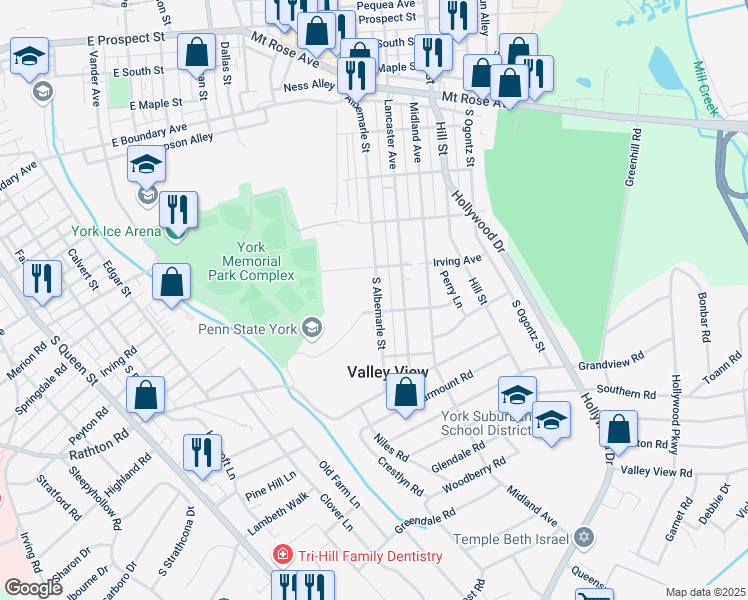 map of restaurants, bars, coffee shops, grocery stores, and more near 1194 South Albemarle Street in York