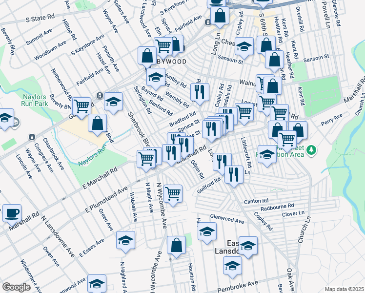 map of restaurants, bars, coffee shops, grocery stores, and more near 125 Normandy Road in Upper Darby