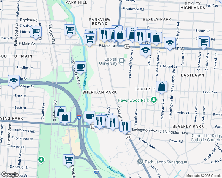 map of restaurants, bars, coffee shops, grocery stores, and more near 793 College Avenue in Bexley