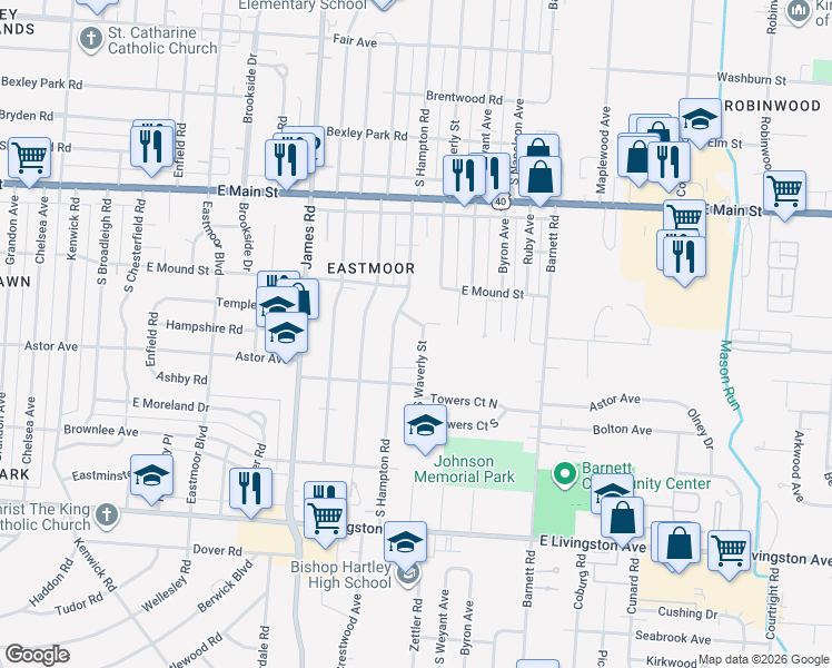 map of restaurants, bars, coffee shops, grocery stores, and more near 3251 East Fulton Street in Columbus