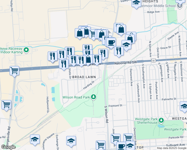 map of restaurants, bars, coffee shops, grocery stores, and more near 64 Broadlawn Ave in Columbus