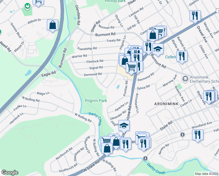 map of restaurants, bars, coffee shops, grocery stores, and more near 209 Pilgrim Lane in Drexel Hill