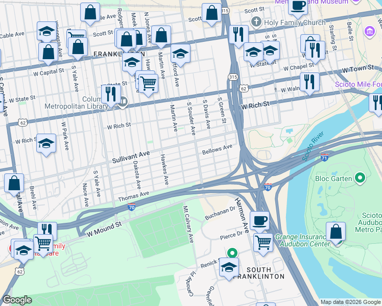 map of restaurants, bars, coffee shops, grocery stores, and more near 850 Bellows Avenue in Columbus