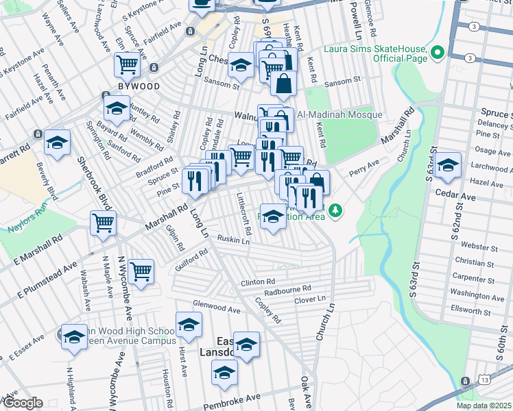 map of restaurants, bars, coffee shops, grocery stores, and more near 443 Millbank Road in Delaware County
