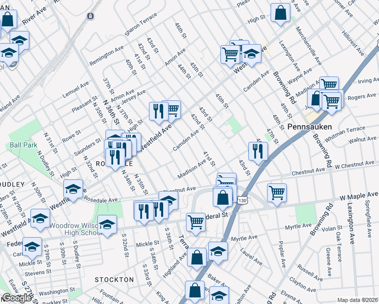 map of restaurants, bars, coffee shops, grocery stores, and more near 2237 40th Street in Pennsauken Township