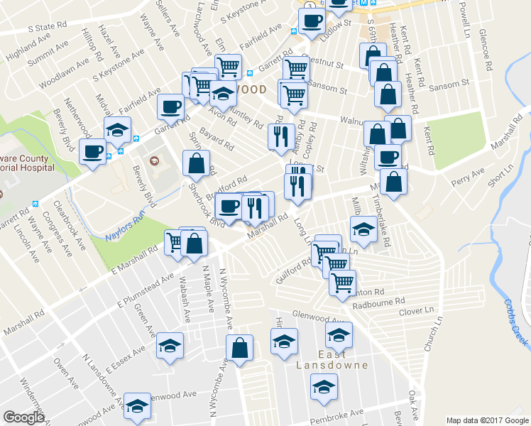 map of restaurants, bars, coffee shops, grocery stores, and more near 116 Ashton Road in Upper Darby