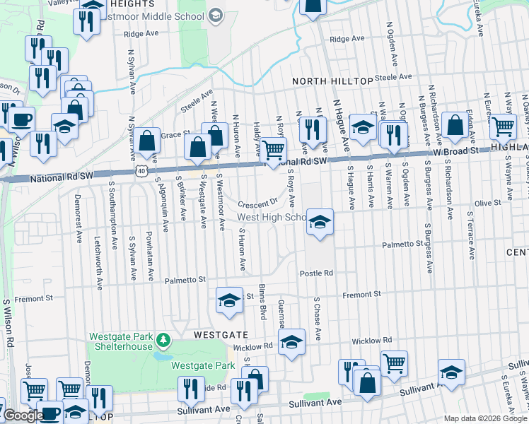 map of restaurants, bars, coffee shops, grocery stores, and more near 106 Binns Boulevard in Columbus