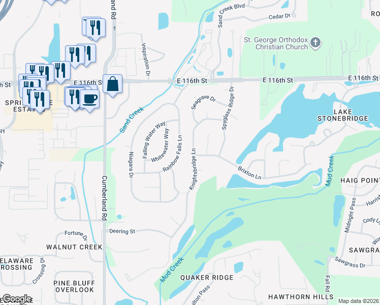 map of restaurants, bars, coffee shops, grocery stores, and more near 11300 Knightsbridge Lane in Fishers