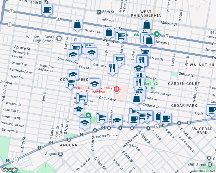 map of restaurants, bars, coffee shops, grocery stores, and more near 5416 Larchwood Avenue in Philadelphia