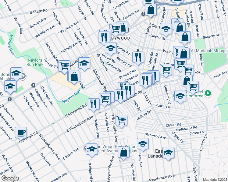 map of restaurants, bars, coffee shops, grocery stores, and more near 139 Margate Road in Upper Darby