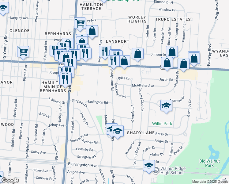 map of restaurants, bars, coffee shops, grocery stores, and more near 1138 Lockwood Road in Columbus