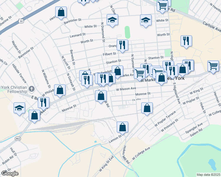 map of restaurants, bars, coffee shops, grocery stores, and more near 1880 West Market Street in York
