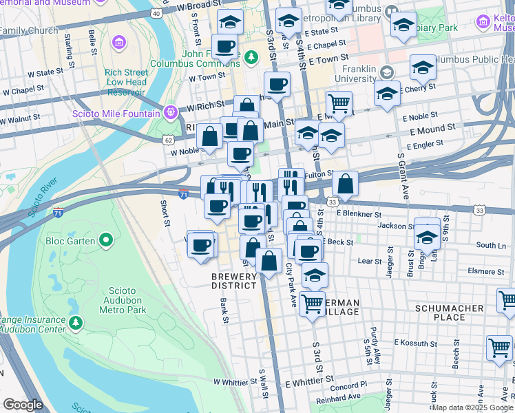 map of restaurants, bars, coffee shops, grocery stores, and more near 31 East Livingston Avenue in Columbus