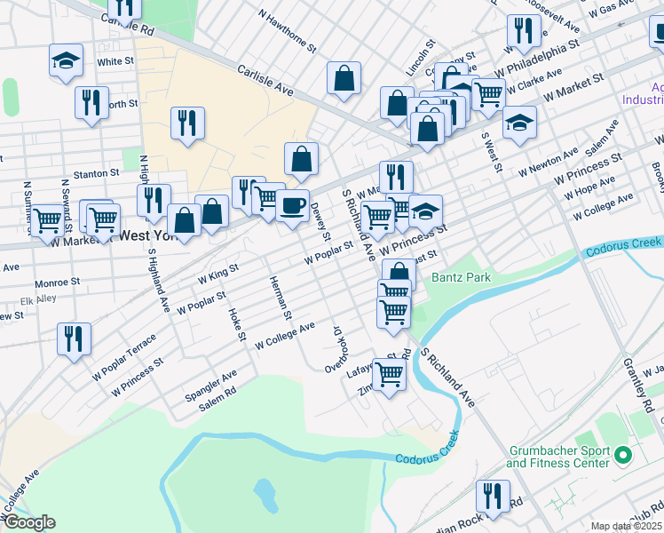 map of restaurants, bars, coffee shops, grocery stores, and more near 1107 West Princess Street in West York