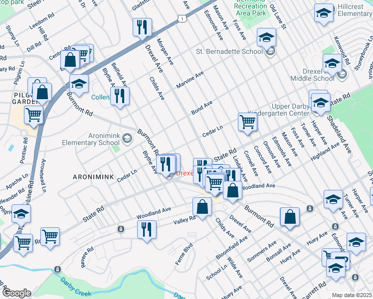 map of restaurants, bars, coffee shops, grocery stores, and more near 840 Childs Avenue in Drexel Hill