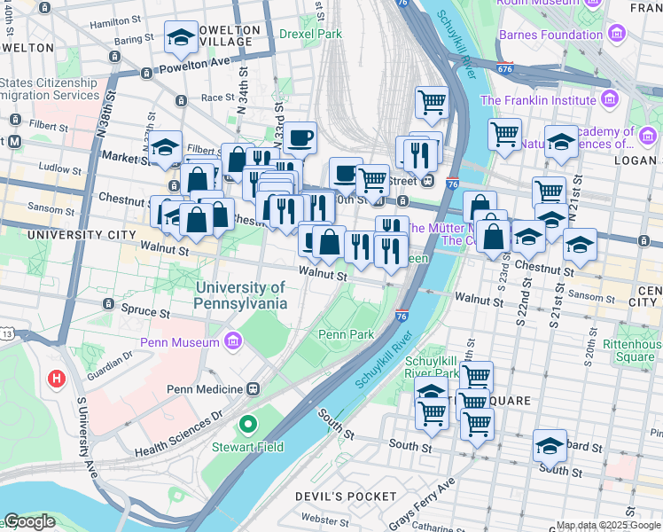 map of restaurants, bars, coffee shops, grocery stores, and more near 3103 Walnut Street in Philadelphia
