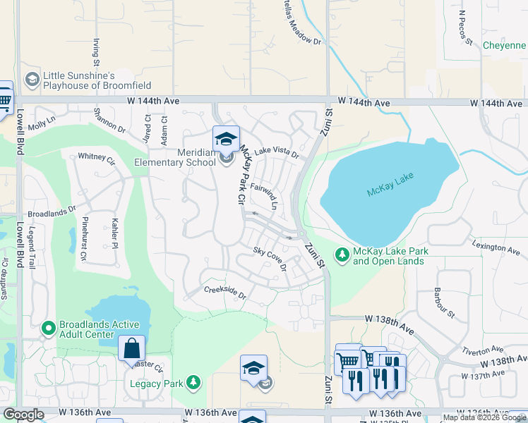 map of restaurants, bars, coffee shops, grocery stores, and more near 2561 McKay Landing Parkway in Broomfield