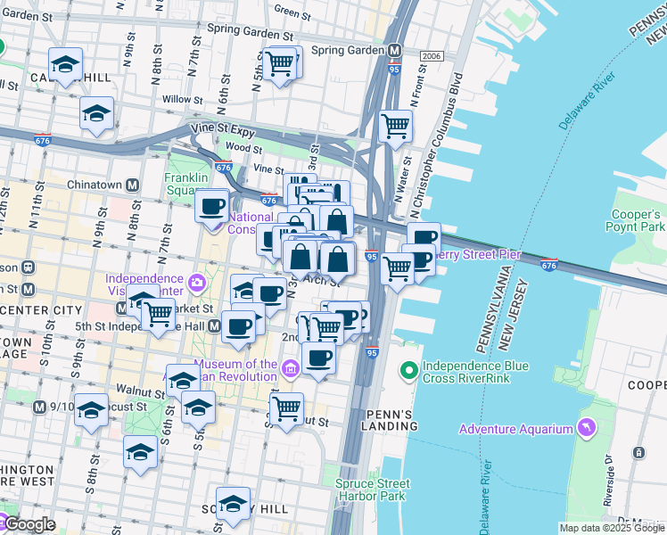 map of restaurants, bars, coffee shops, grocery stores, and more near 112 North 2nd Street in Philadelphia