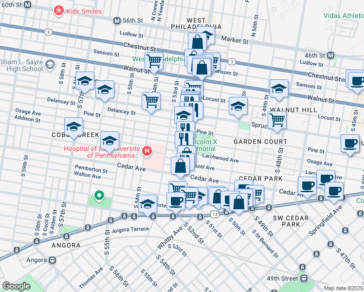map of restaurants, bars, coffee shops, grocery stores, and more near 5222 Addison Street in Philadelphia