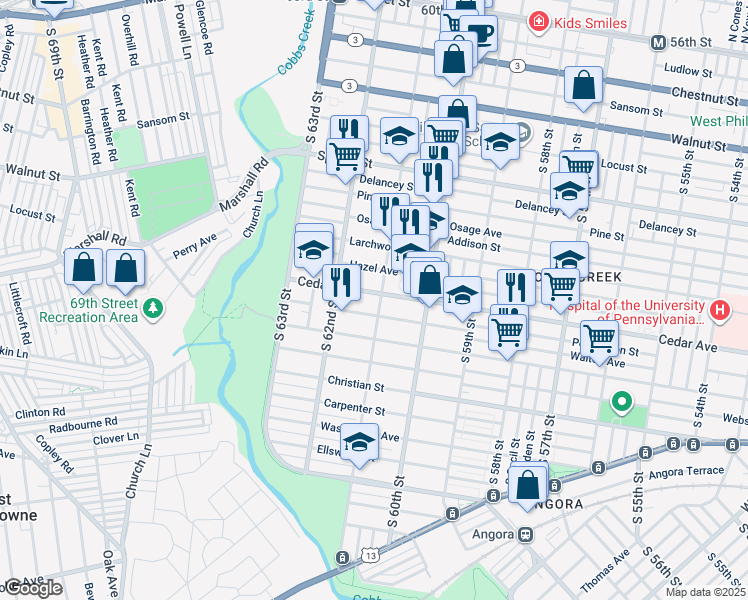 map of restaurants, bars, coffee shops, grocery stores, and more near 6106 Cedar Avenue in Philadelphia