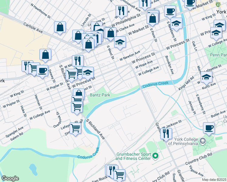 map of restaurants, bars, coffee shops, grocery stores, and more near 668 West College Avenue in York