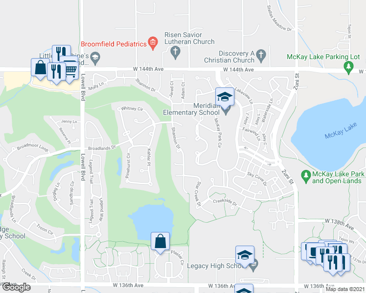 map of restaurants, bars, coffee shops, grocery stores, and more near 14110 Shannon Drive in Broomfield
