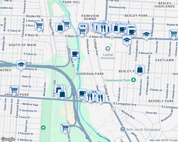 map of restaurants, bars, coffee shops, grocery stores, and more near 778 Sheridan Park Court in Bexley