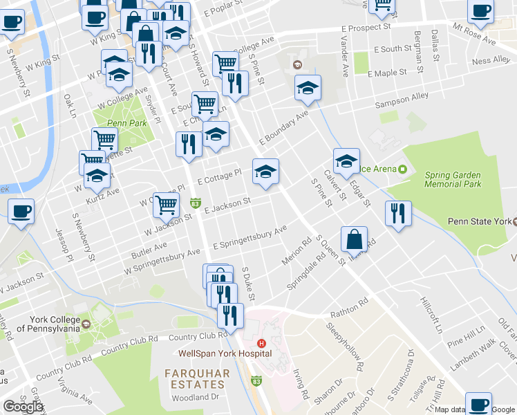 map of restaurants, bars, coffee shops, grocery stores, and more near 817 McKenzie Street in York