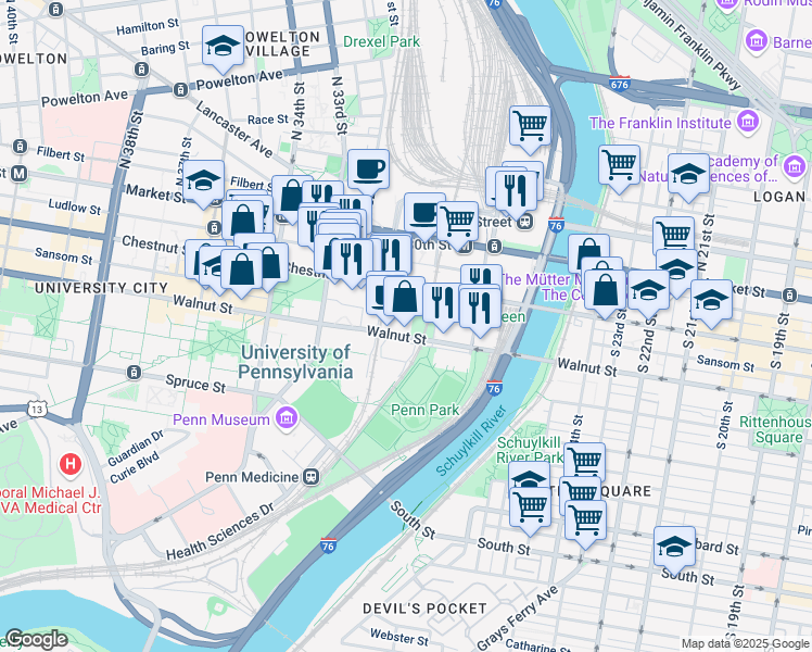map of restaurants, bars, coffee shops, grocery stores, and more near 3107 Walnut Street in Philadelphia