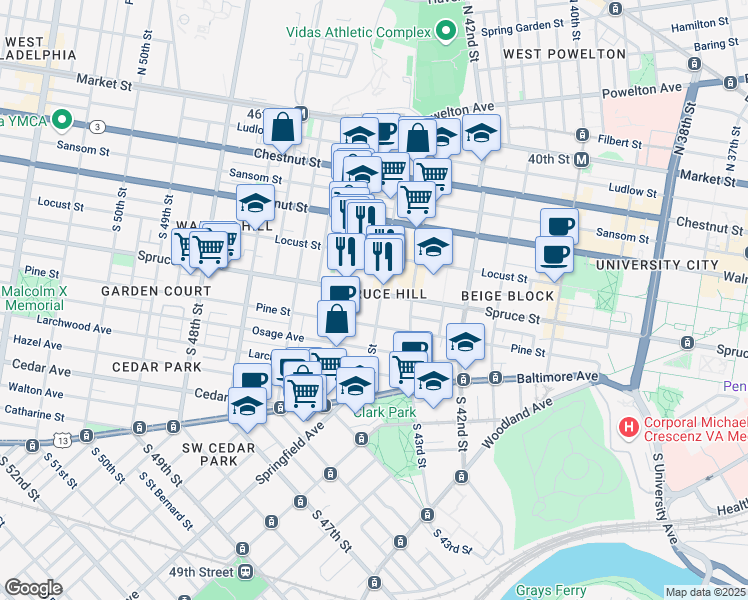 map of restaurants, bars, coffee shops, grocery stores, and more near 4400 Spruce Street in Philadelphia