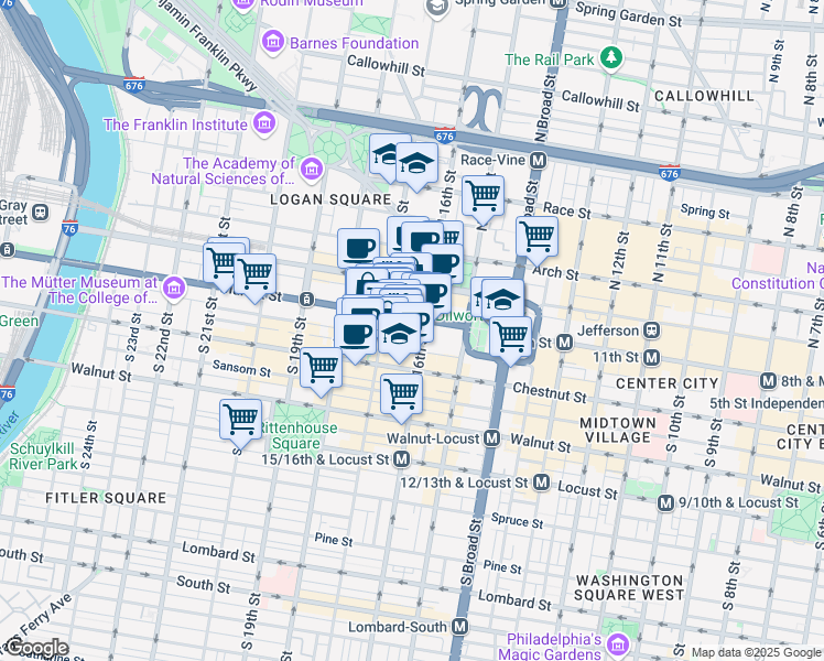 map of restaurants, bars, coffee shops, grocery stores, and more near 1600 Market Street in Philadelphia