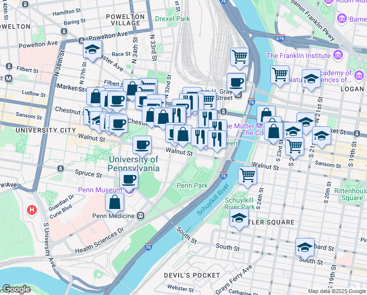 map of restaurants, bars, coffee shops, grocery stores, and more near 3107 Walnut Street in Philadelphia